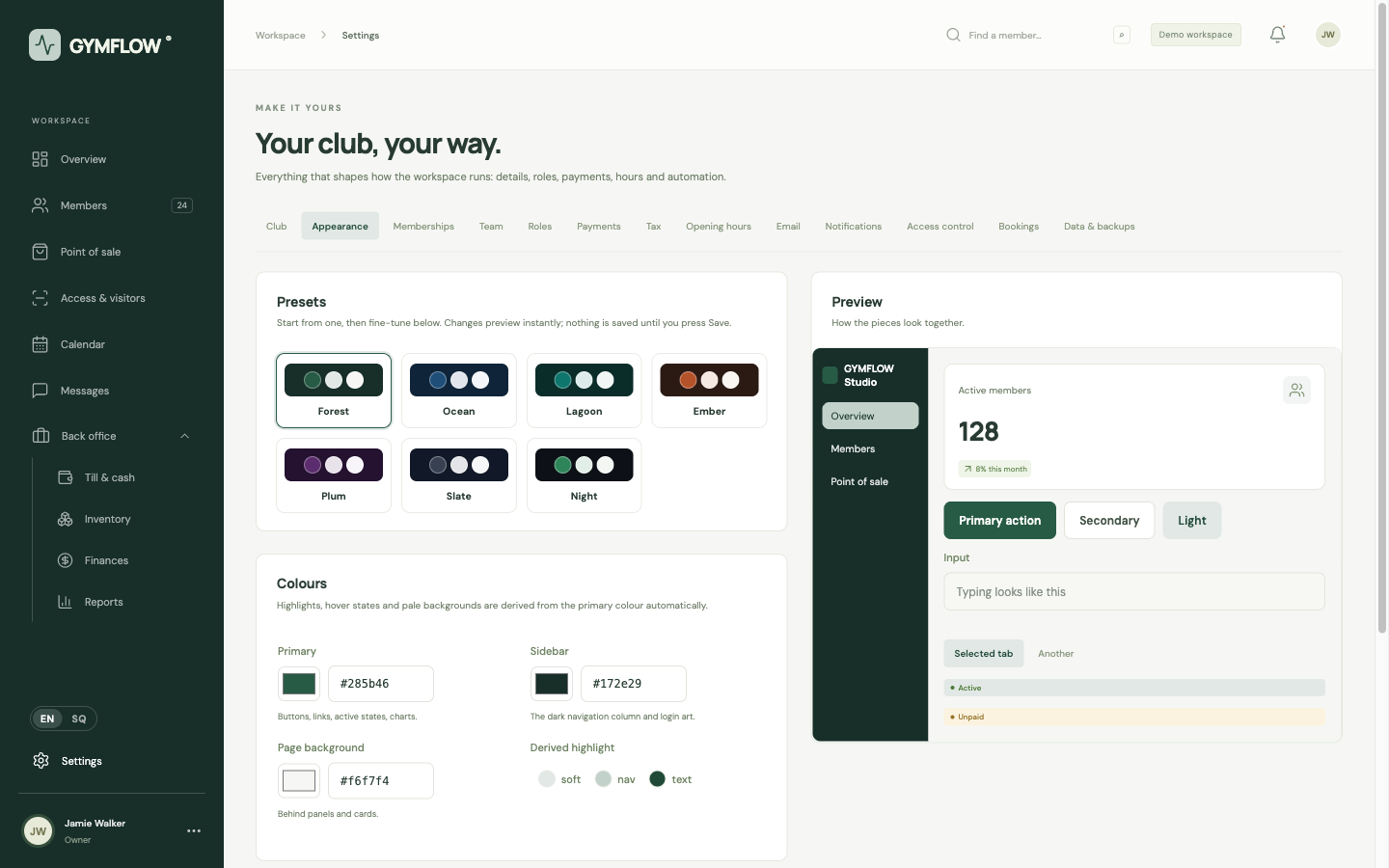Appearance settings with brand colours and typeface