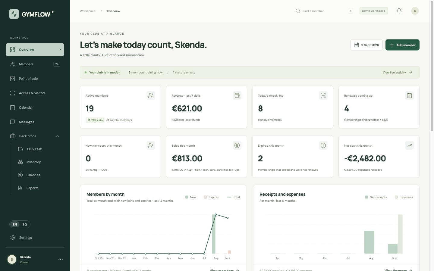 GYMFLOW staff dashboard with members, revenue, check-ins and renewals