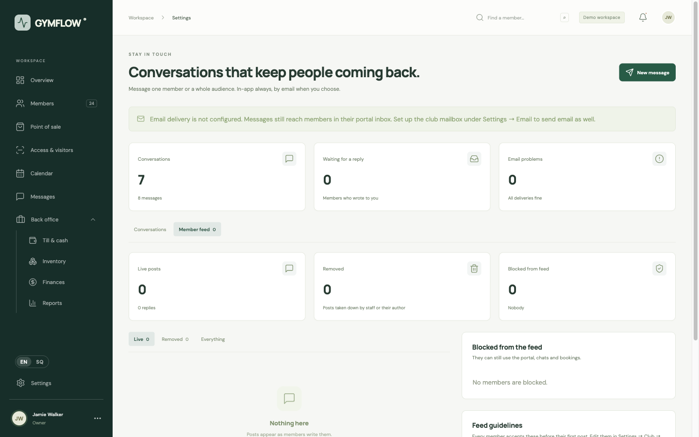 Staff view of the member feed with moderation tools