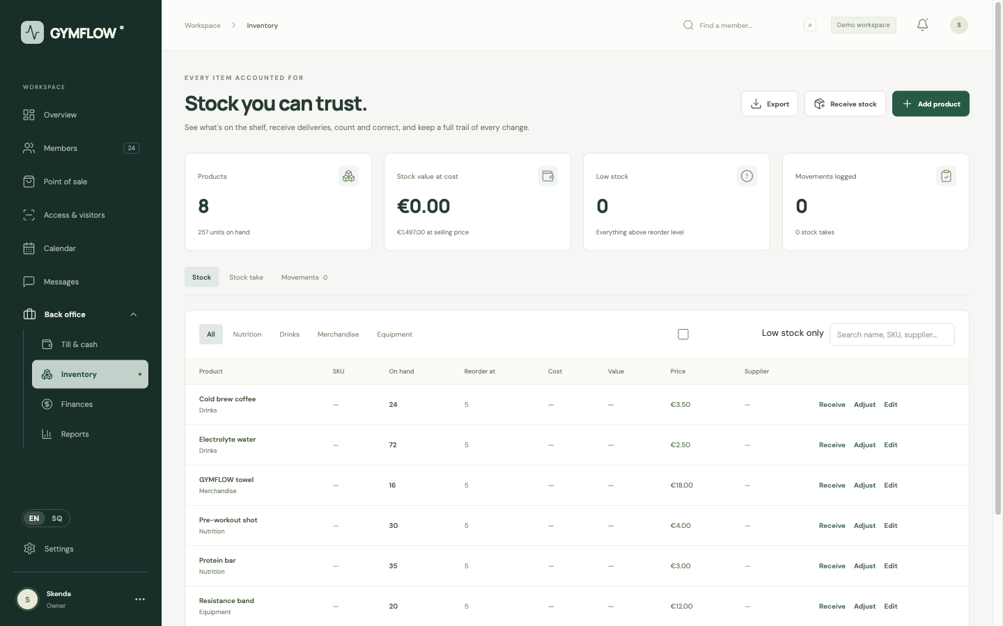 Inventory with stock levels, cost, reorder levels and the movement log