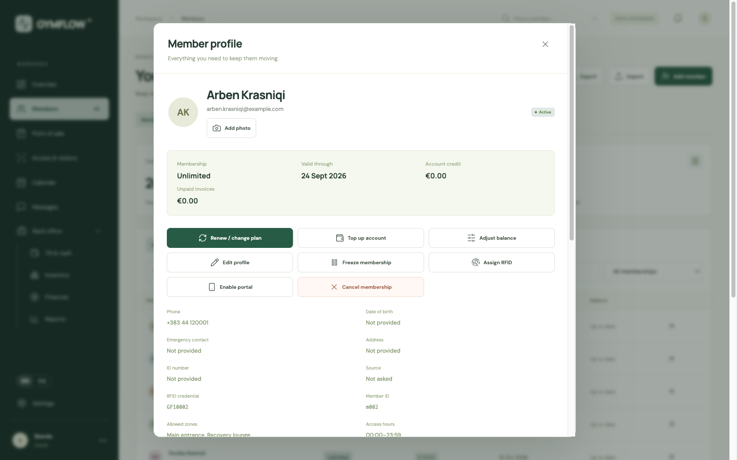 Member profile with membership card, credit and actions