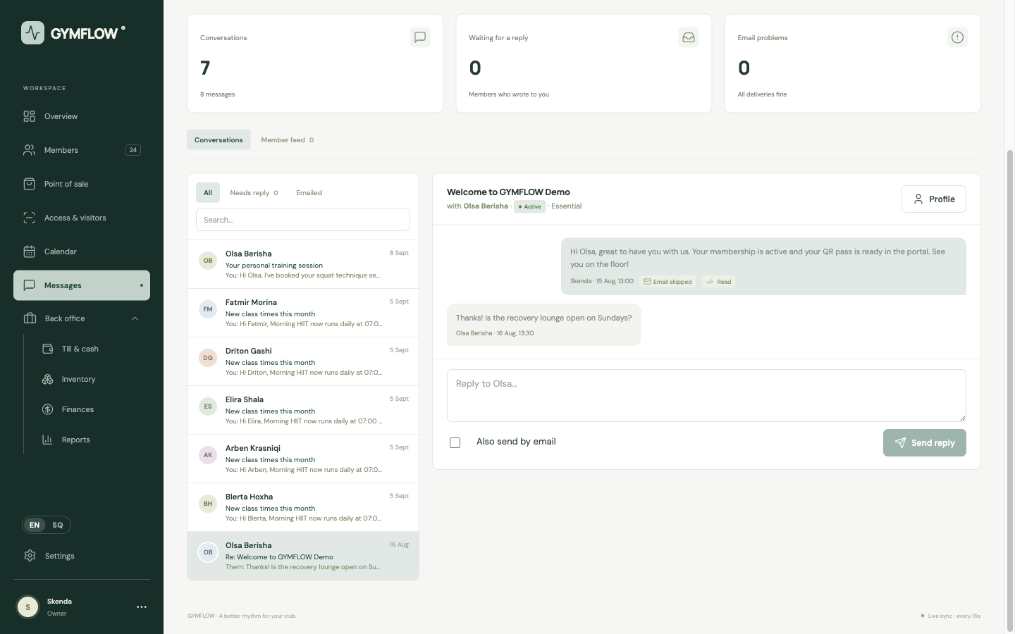 Messages with the conversation list and an open thread with a member reply