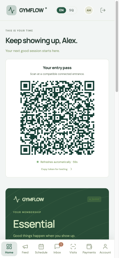 Member portal on a phone with the QR entry pass