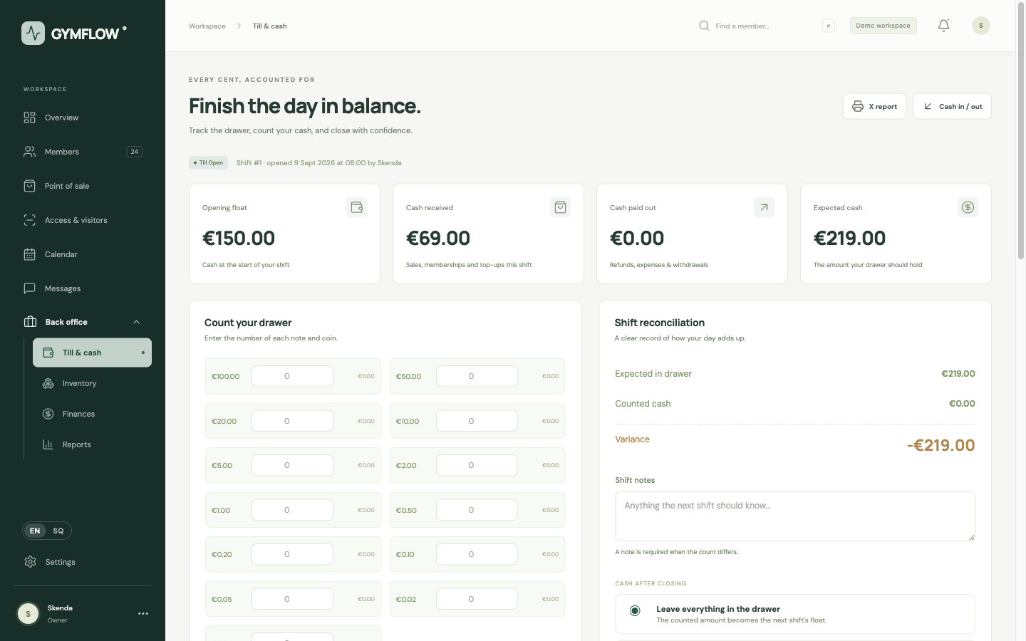 Till and cash screen with shift reconciliation